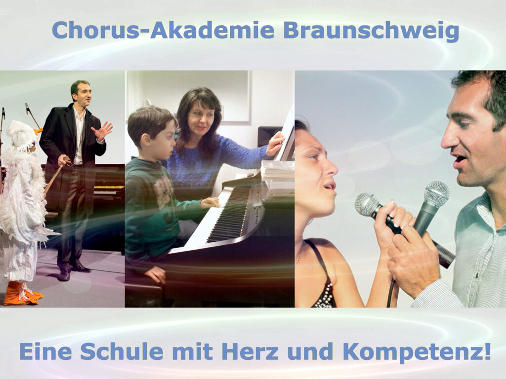chorus-akademie - auf dem linken bild ein verkleidetes kind gezogen von einem mann an der schnur, auf dem mittleren bild ein junge mit einer frau am klavier, auf dem rechten bild eine junge frau und ein junger mann halten zwei mikrofone