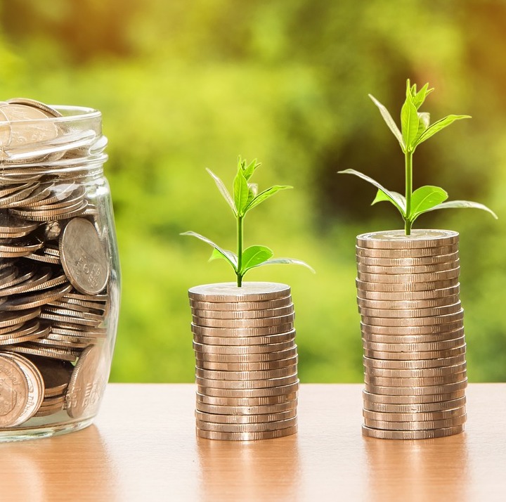 chorus ev - auf einem tisch steht links ein glas mit muenzen rechts daneben stehen zwei stapel meunzen mit einer pflanze drauf