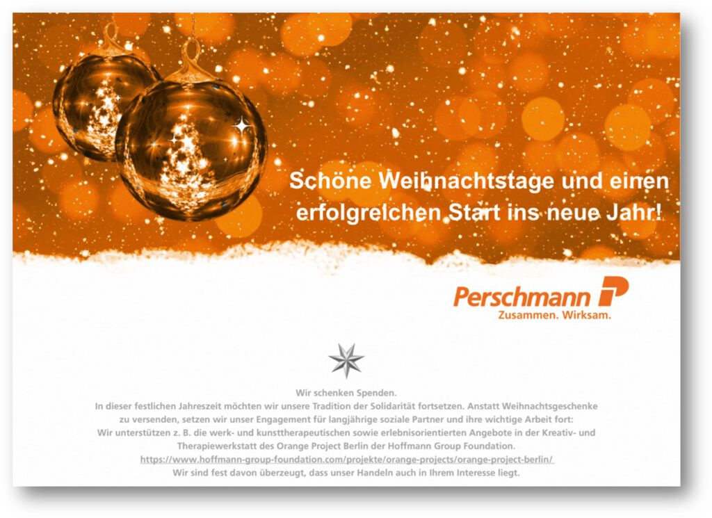 zwei weihnachtskugel, aufschrift schoene weihnachtstage und einen erfolgreichen start ins neue jahr, perschmann, zusammen wirksam