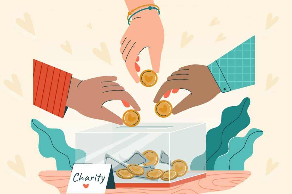 spenden fuer chorus ev - drei haende die eine muenze mit herz in einen durchsichtigen behaelter tun